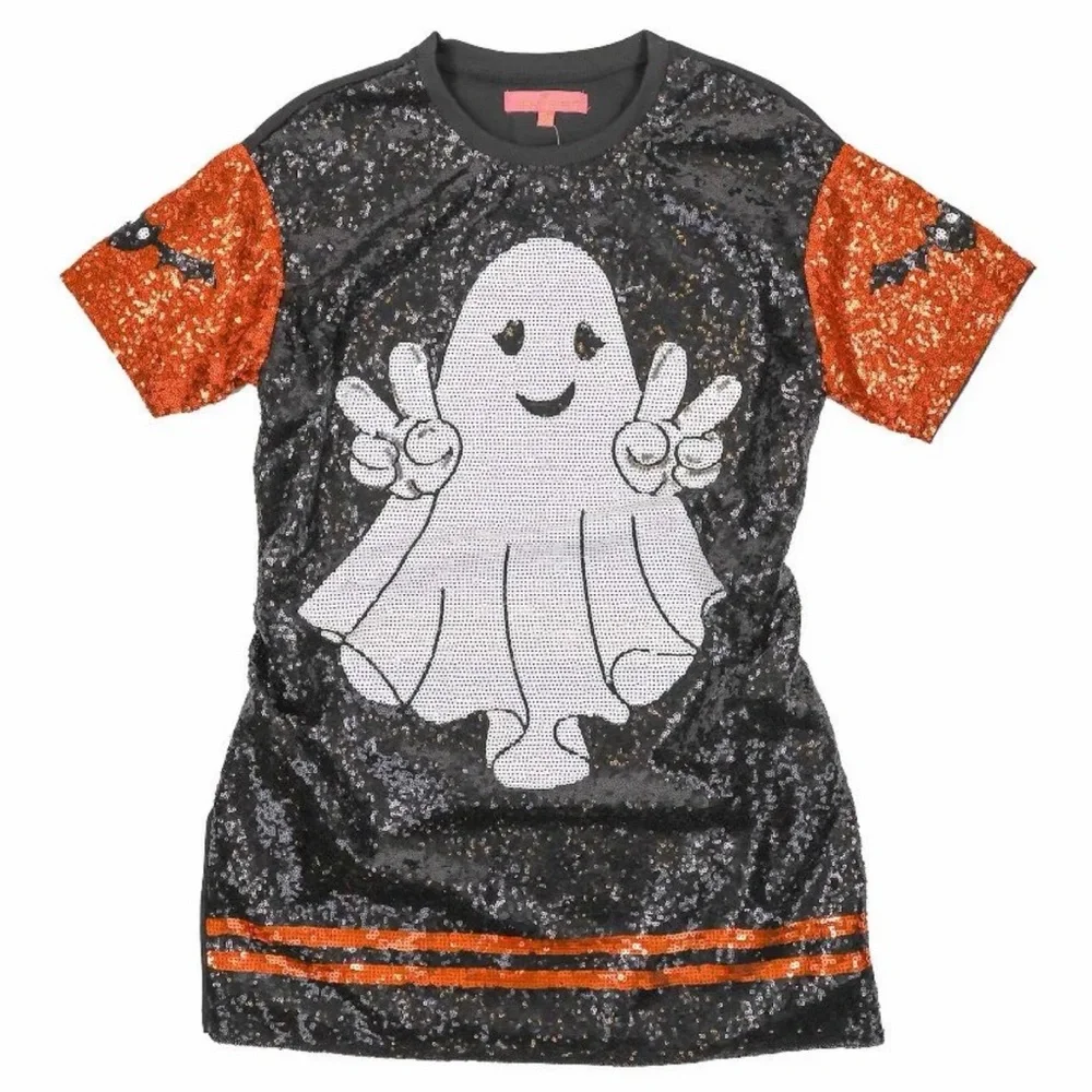 Simply Southern Sequin Ghost Halloween Dress Size M Black Orange - Picture 3 of 8